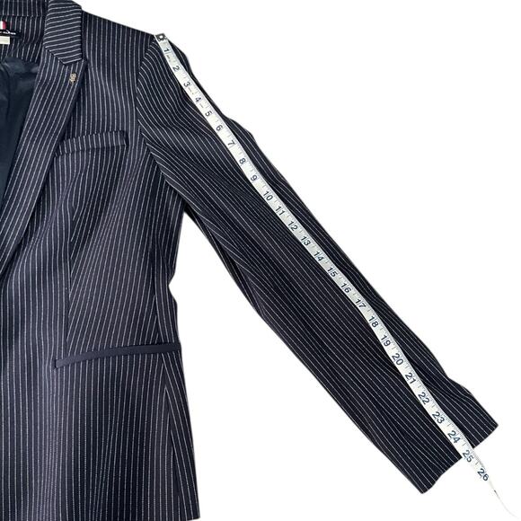 Tommy Hilfiger Women's Navy Pinstripe Blazer Size 10 Single Button Elbow Patches - Picture 11 of 12